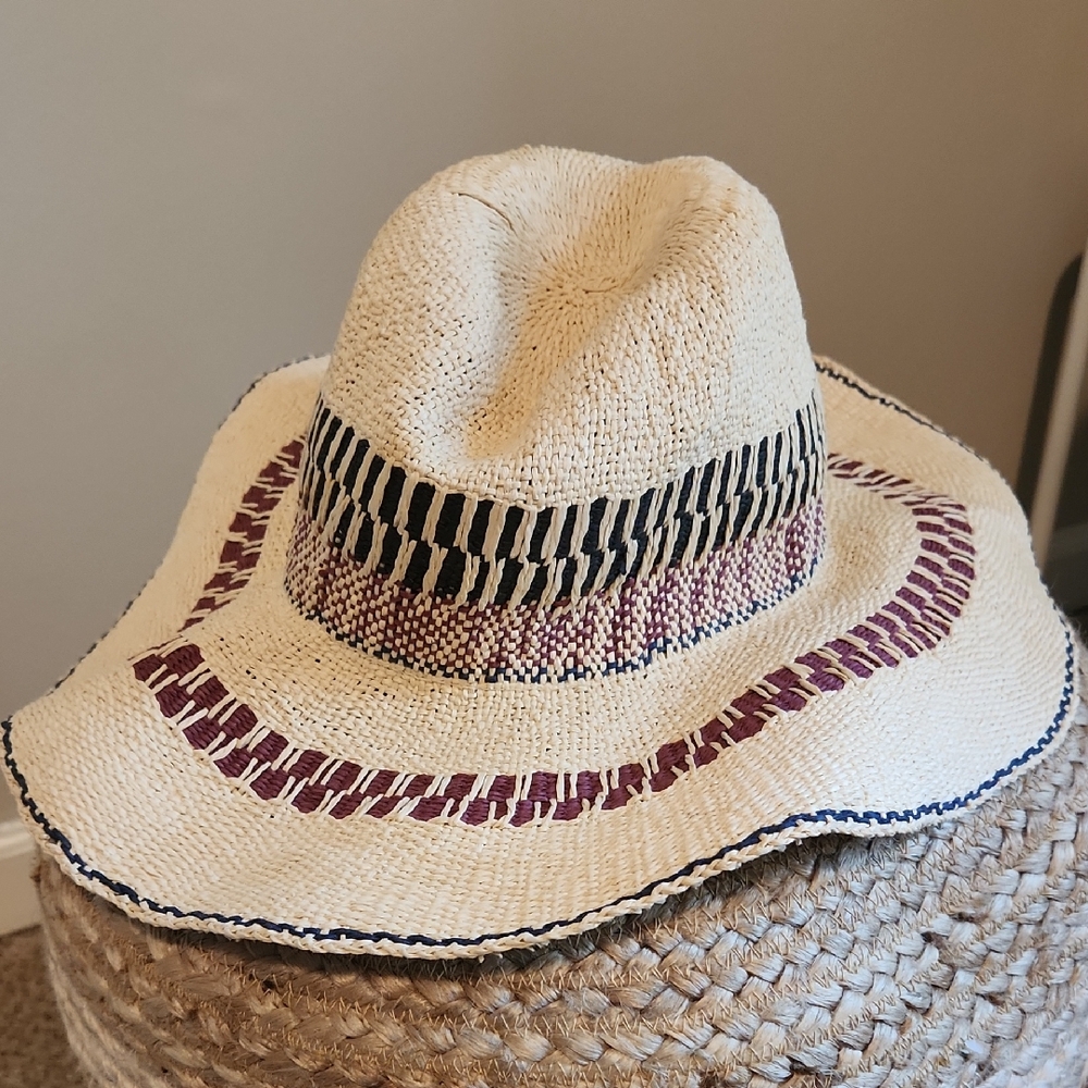 Zara Cream Straw Fedora with Black and Burgundy Accents
